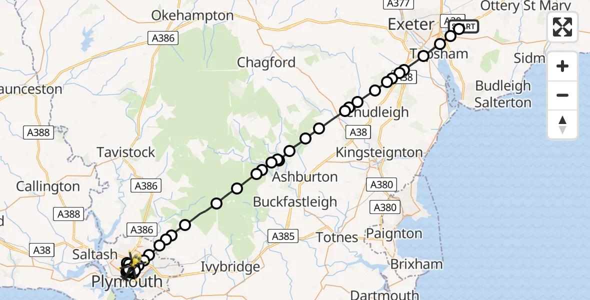 Flight path map showing Police Helicopter route from East Devon to Peverell