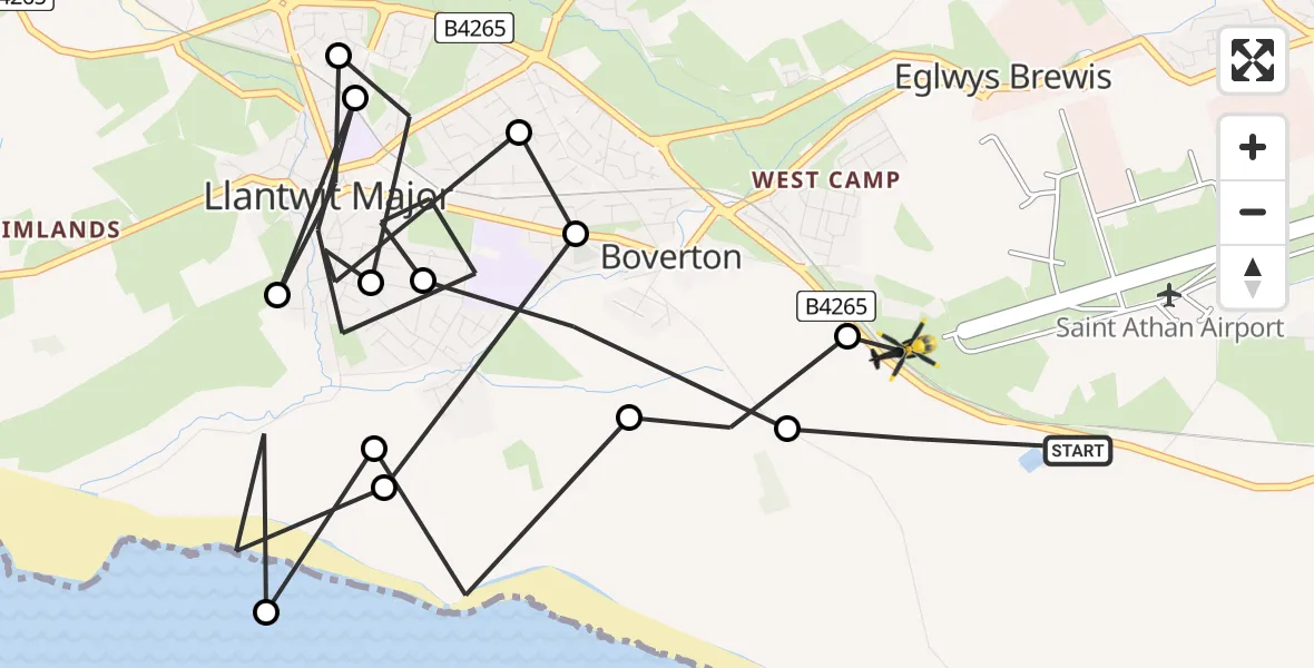 Flight path map showing Police Helicopter route from MOD St Athan to MOD St Athan