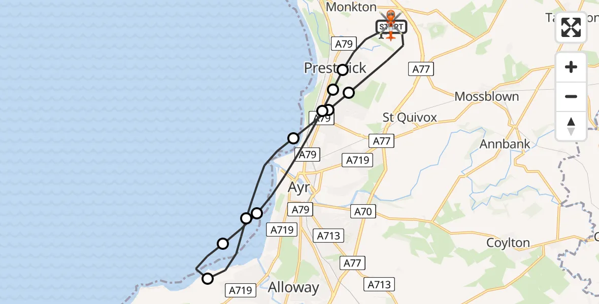 Flight path map showing Coastguard Helicopter route from Glasgow Prestwick Airport to Glasgow Prestwick Airport