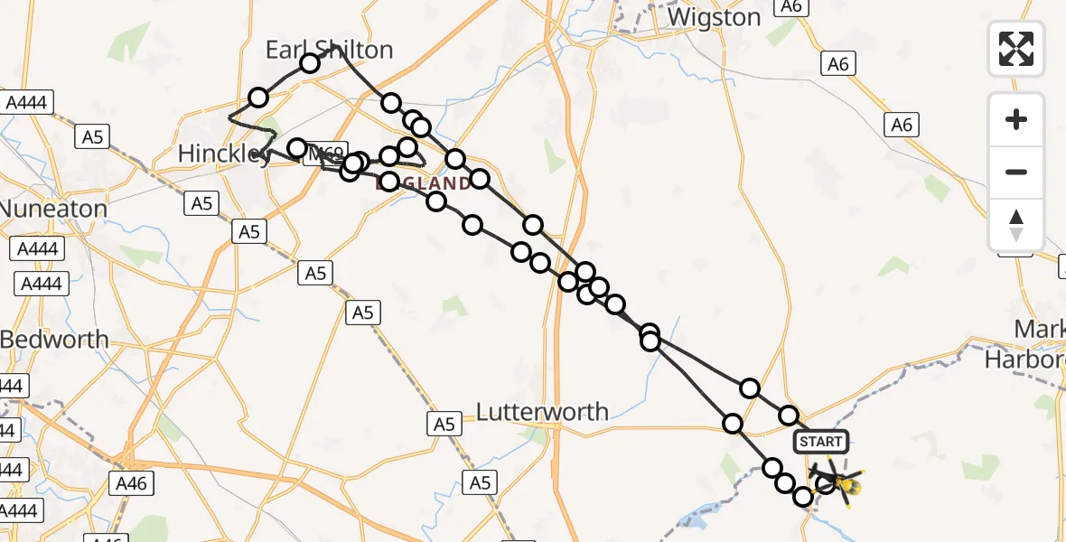 Flight path map showing Police Helicopter route from Harborough to Harborough
