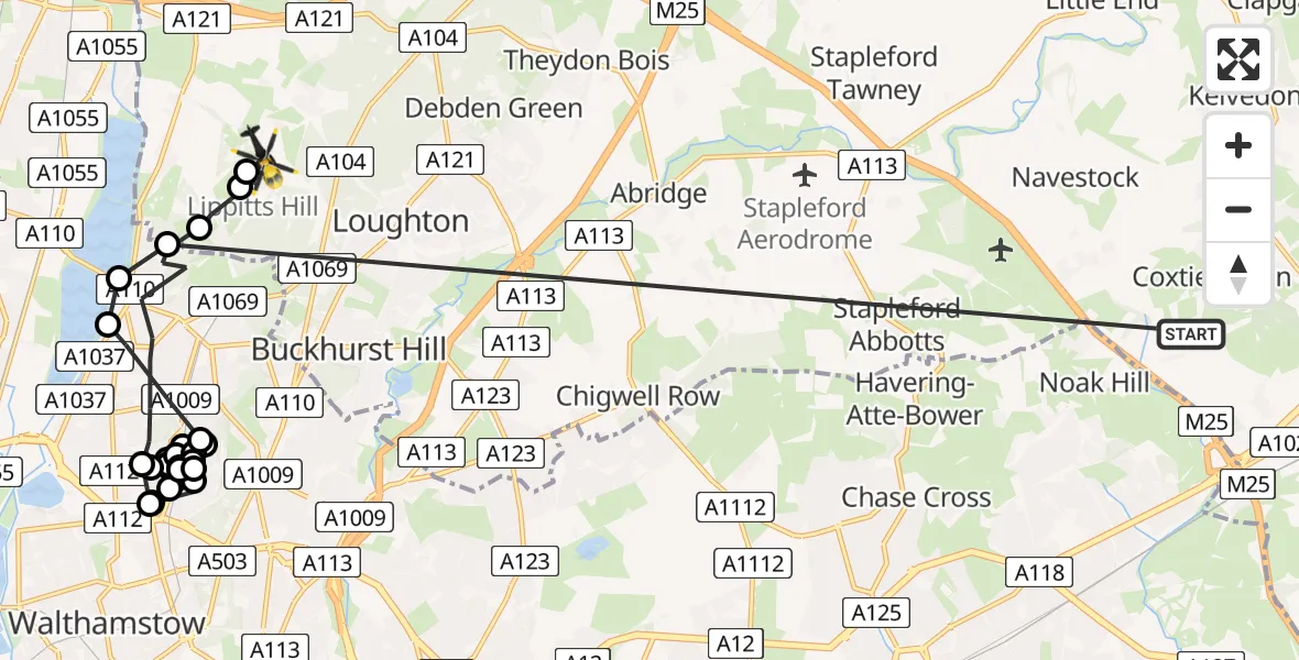 Flight path map showing Police Helicopter route from Brentwood to Sewardstonebury
