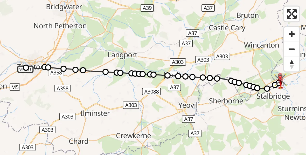 Flight path map showing Air Ambulance Helicopter route from Musgrove Hospital to Henstridge Airfield