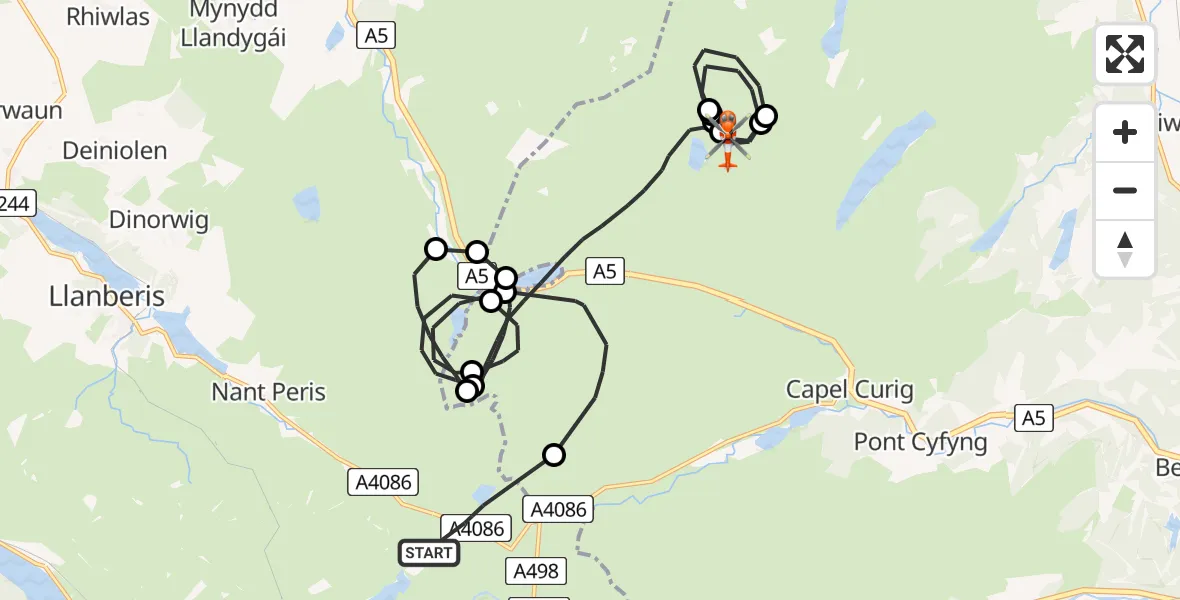 Flight path map showing Coastguard Helicopter route from Llanberis to Capel Curig
