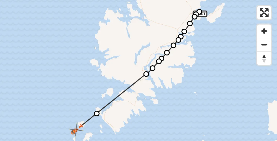 Flight path map showing Coastguard Helicopter route from Stornoway Airport to North Atlantic Ocean