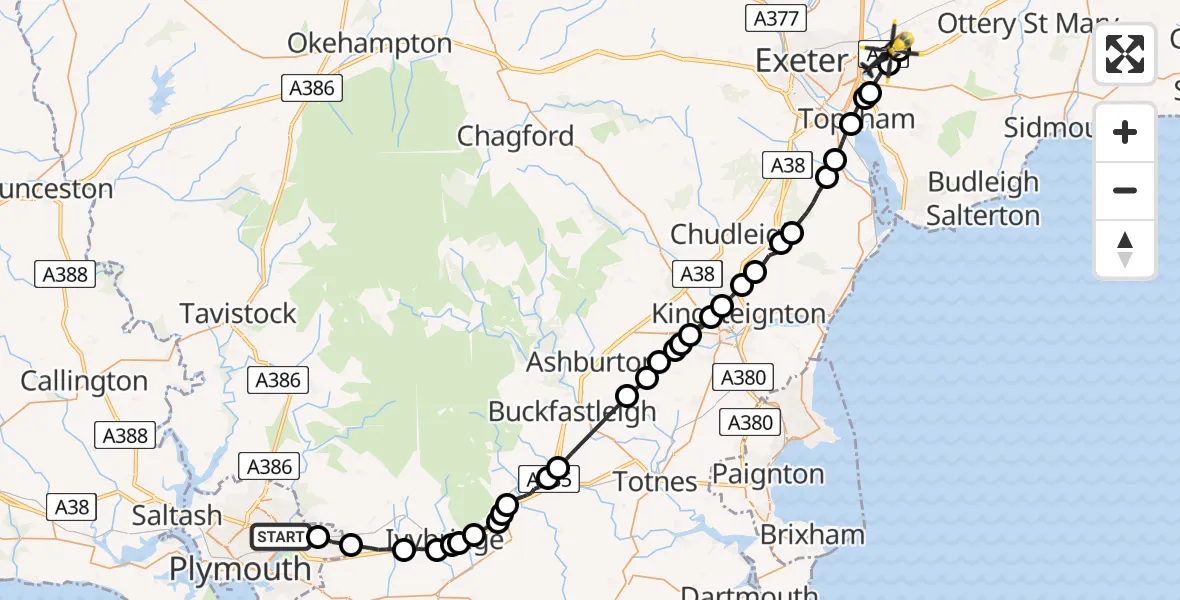 Flight path map showing Police Helicopter route from Plympton to Clyst Honiton