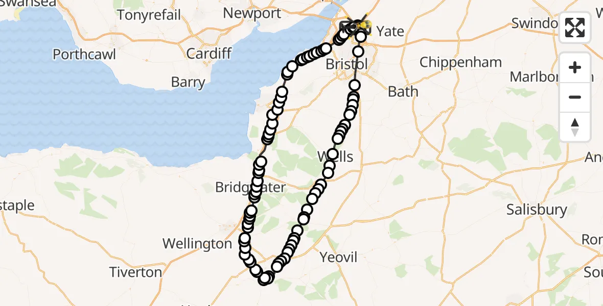 Flight path map showing Police Helicopter route from Almondsbury Helicopter Base to Almondsbury Helicopter Base