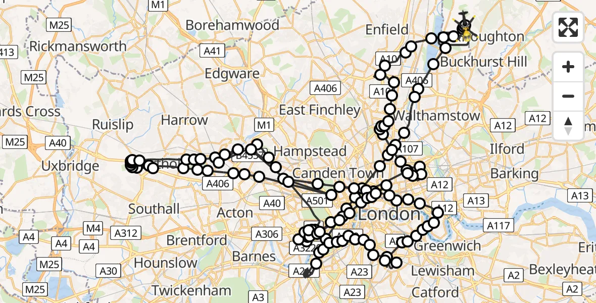 Flight path map showing Police Helicopter route from Chingford to Metropolitan Police Air Support Unit Lippitts Hill