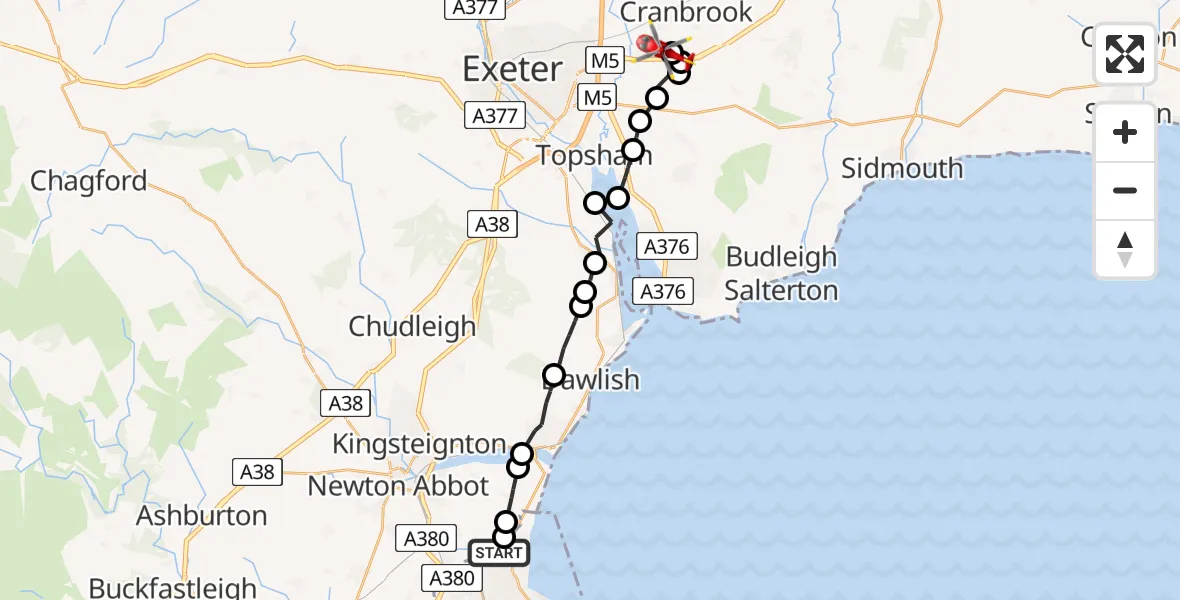 Flight path map showing Air Ambulance Helicopter route from Watcombe to Exeter International Airport