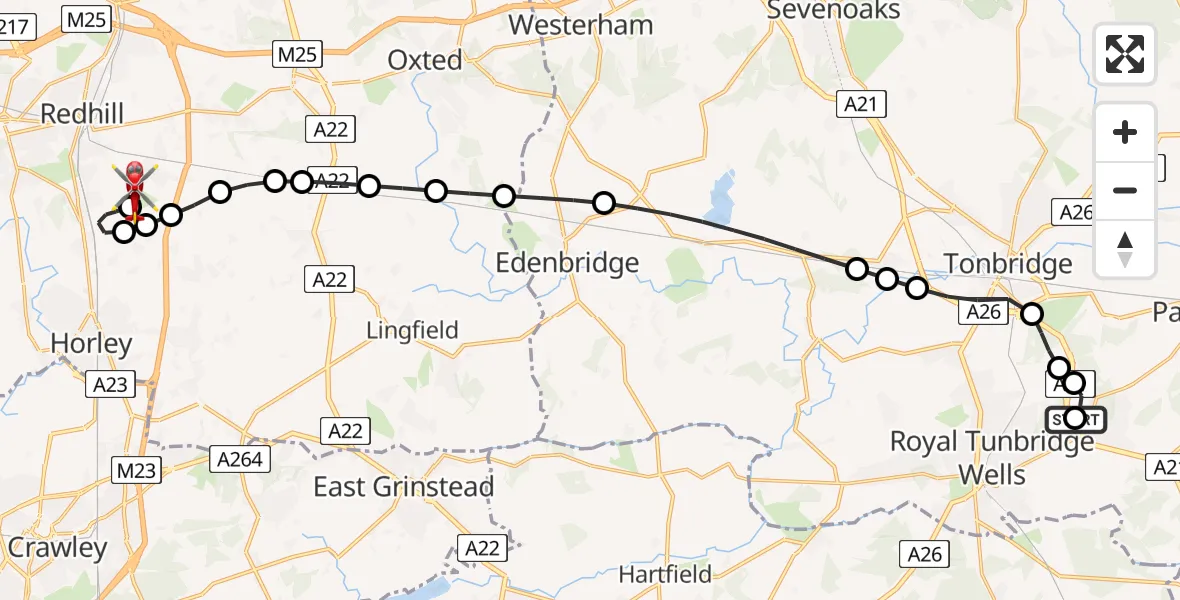 Flight path map showing Air Ambulance Helicopter route from Tunbridge Wells Hospital Heliport to Redhill Aerodrome