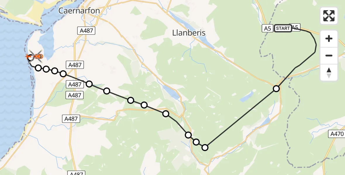 Flight path map showing Coastguard Helicopter route from Capel Curig to Caernarfon Airport
