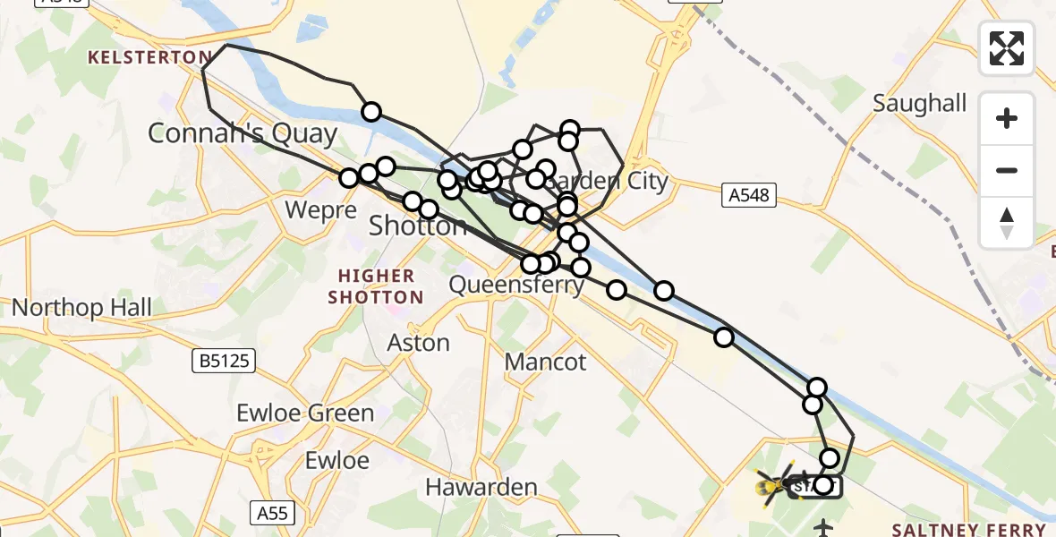 Flight path map showing Police Helicopter route from Hawarden Airport to Hawarden Airport