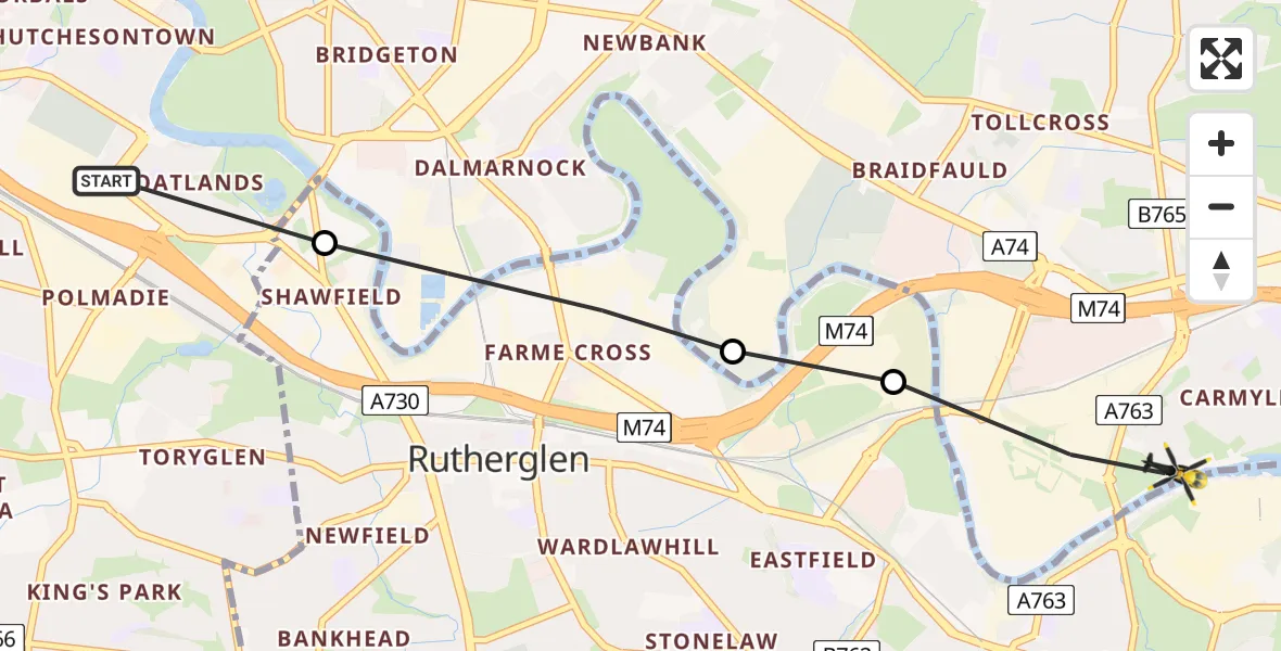 Flight path map showing Police Helicopter route from Glasgow to Glasgow