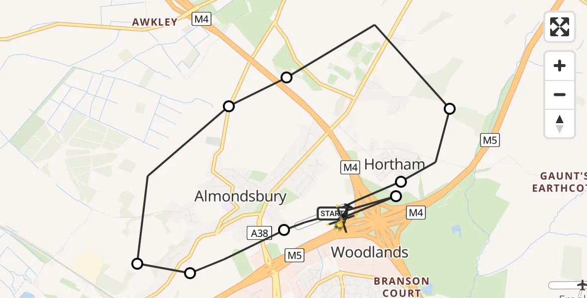 Flight path map showing Police Helicopter route from Almondsbury Helicopter Base to Almondsbury Helicopter Base