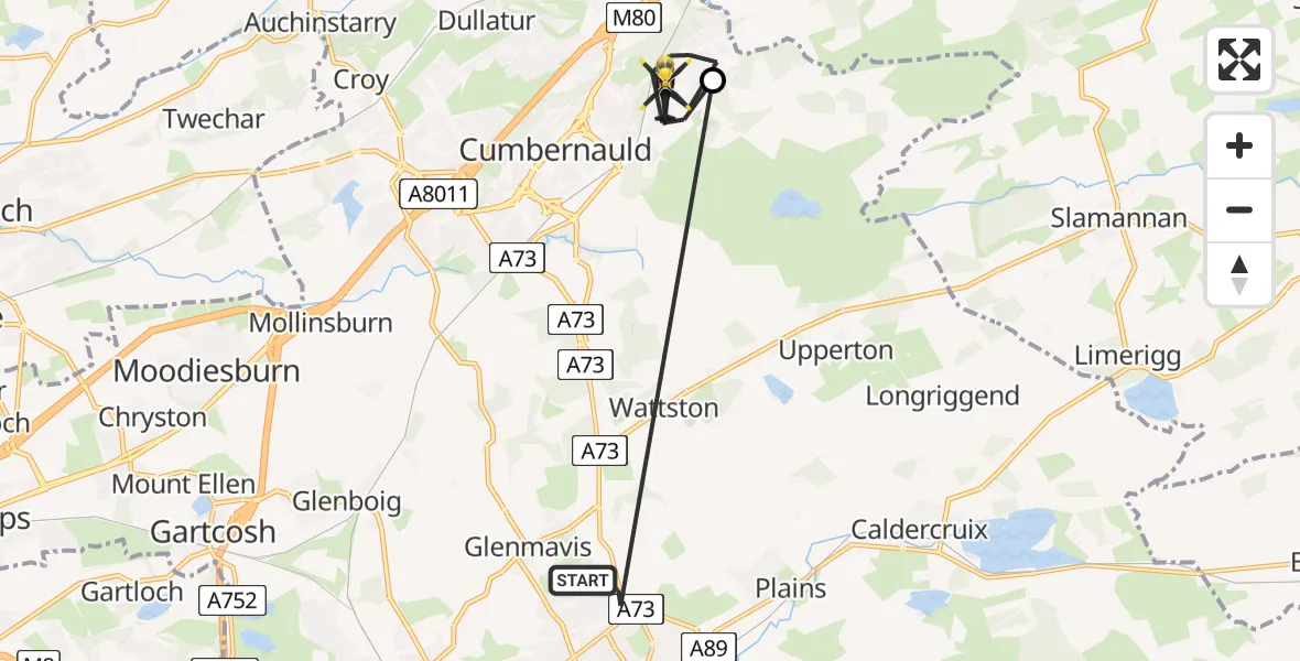 Flight path map showing Police Helicopter route from Airdrie to Cumbernauld