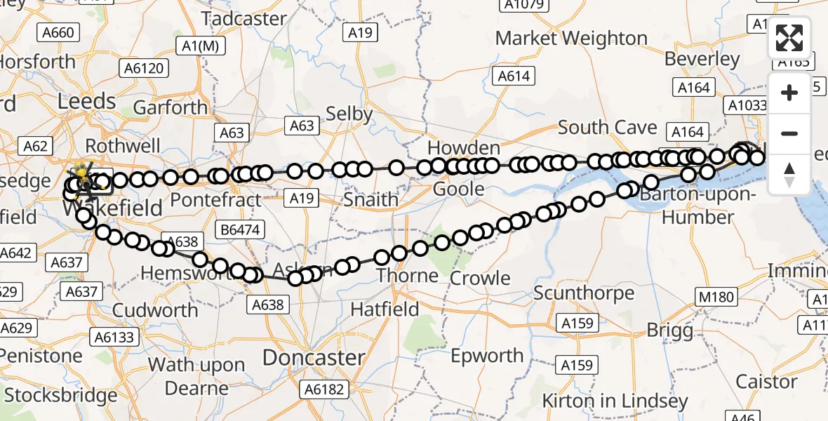 Flight path map showing Police Helicopter route from Wrenthorpe to Wrenthorpe