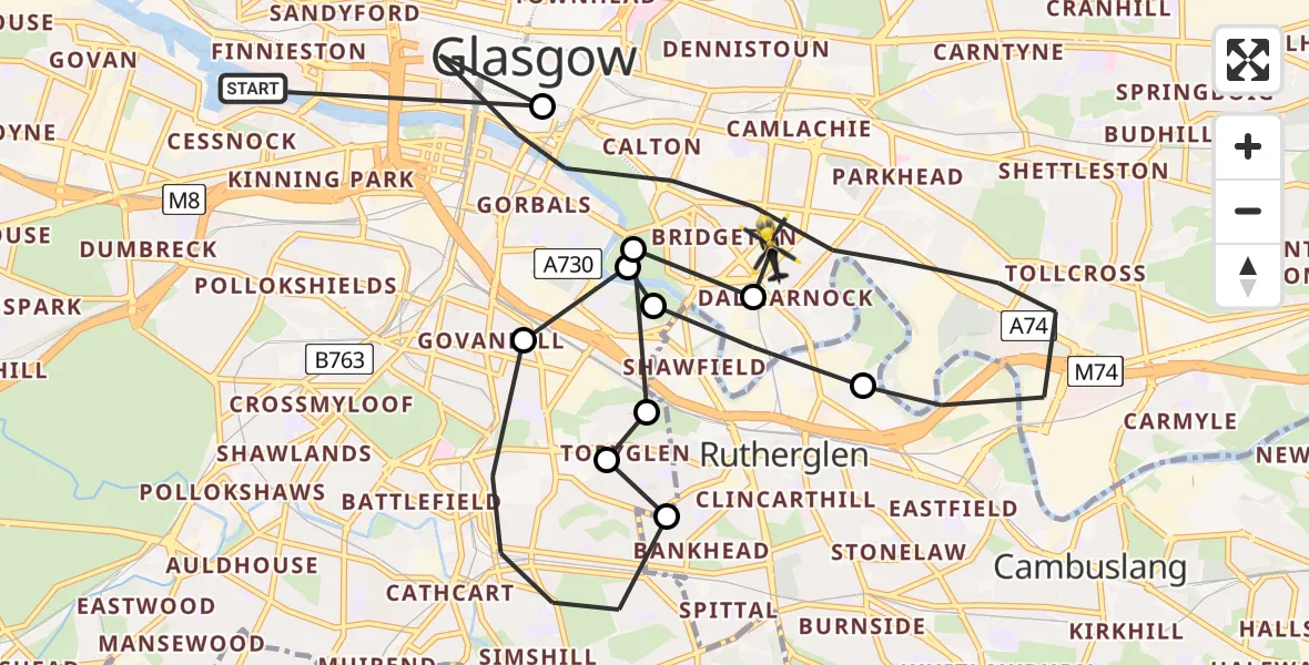 Flight path map showing Police Helicopter route from Glasgow Seaplane Terminal to Glasgow
