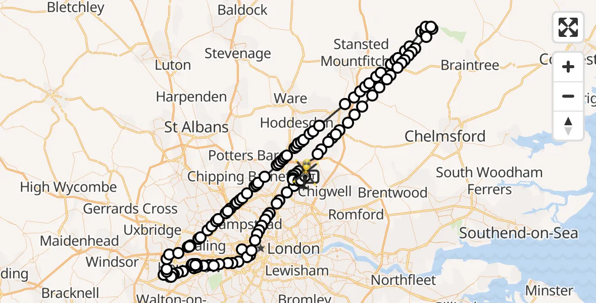 Flight path map showing Police Helicopter route from Metropolitan Police Air Support Unit Lippitts Hill to Sewardstonebury