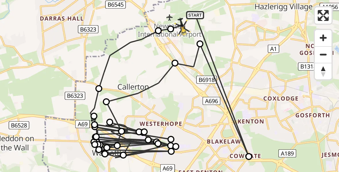 Flight path map showing Police Helicopter route from Newcastle International Airport to Newcastle International Airport