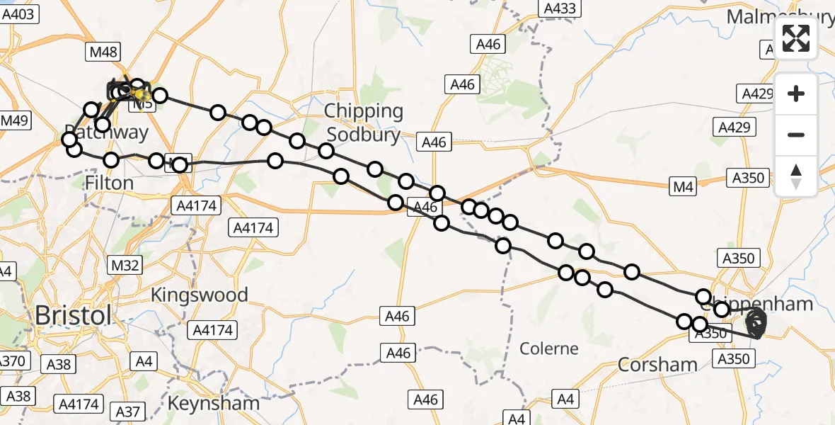 Flight path map showing Police Helicopter route from Almondsbury Helicopter Base to Almondsbury Helicopter Base