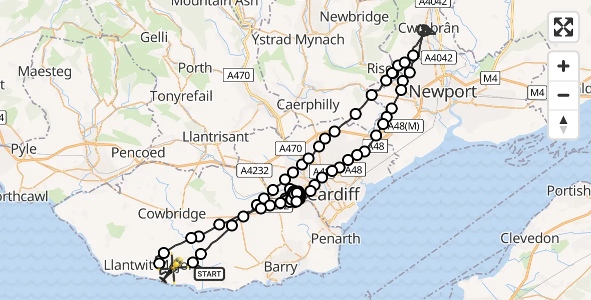Flight path map showing Police Helicopter route from East Aberthaw to MOD St Athan