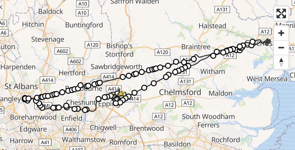 Flight path map showing Police Helicopter route from North Weald Airfield to North Weald Airfield