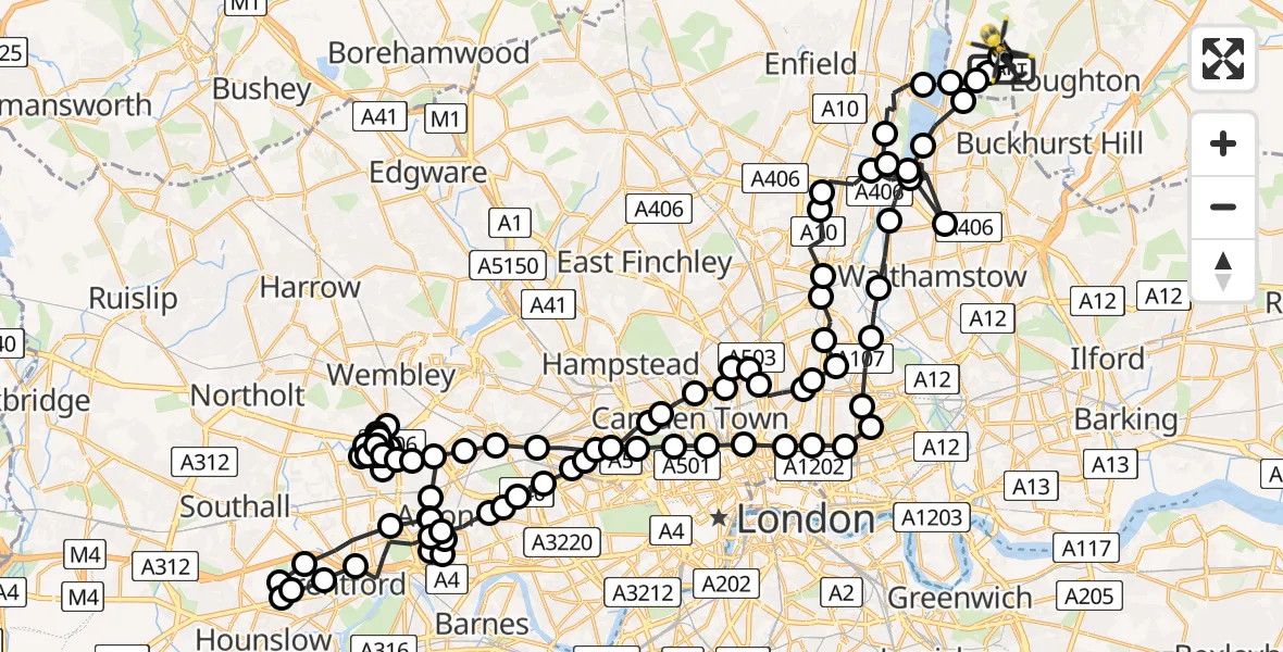 Flight path map showing Police Helicopter route from Metropolitan Police Air Support Unit Lippitts Hill to Metropolitan Police Air Support Unit Lippitts Hill