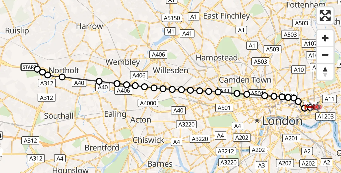 Flight route Air Ambulance Helicopter RAF Northolt - Royal London Hospital, 29 April 2026, 06:51