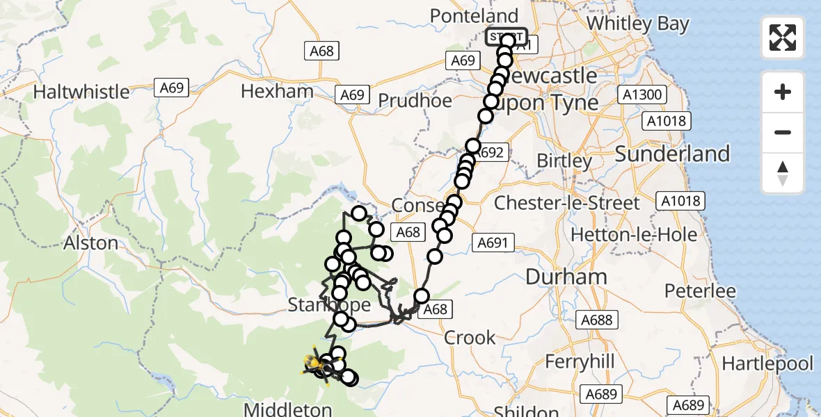 Flight path map showing Police Helicopter route from Woolsington to Middleton in Teesdale