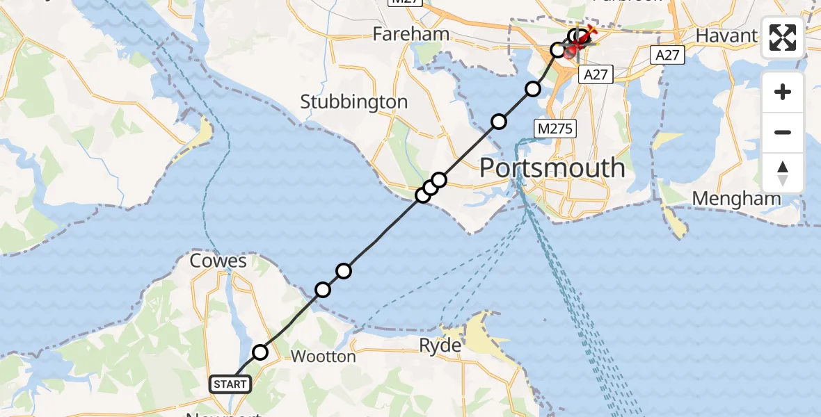 Flight path map showing Air Ambulance Helicopter route from Newport to Queen Alexandra Hospital