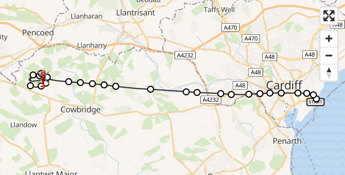 Flight route Air Ambulance Helicopter Cardiff Heliport - Llangan, 29 April 2026, 07:35