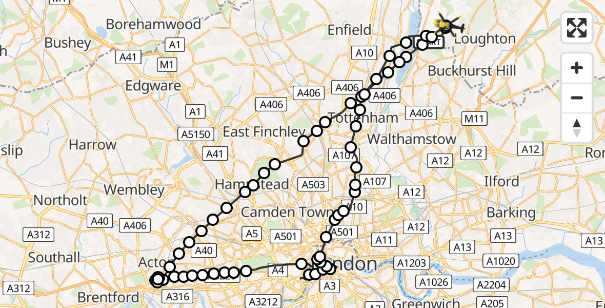 Flight path map showing Police Helicopter route from Sewardstonebury to Sewardstonebury