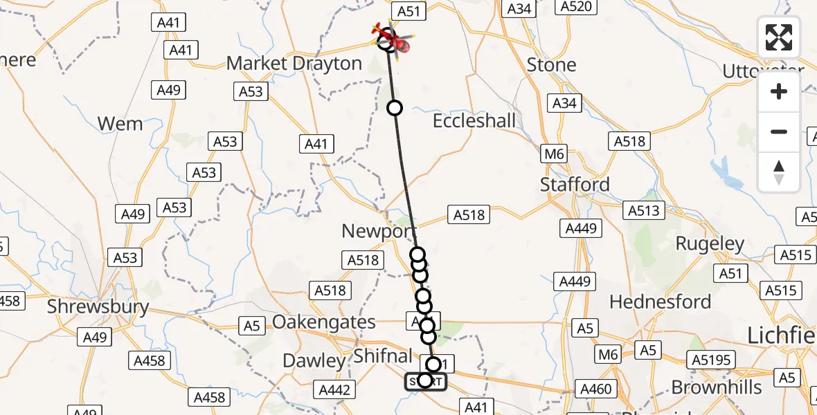 Flight path map showing Air Ambulance Helicopter route from RAF Cosford to Newcastle-under-Lyme