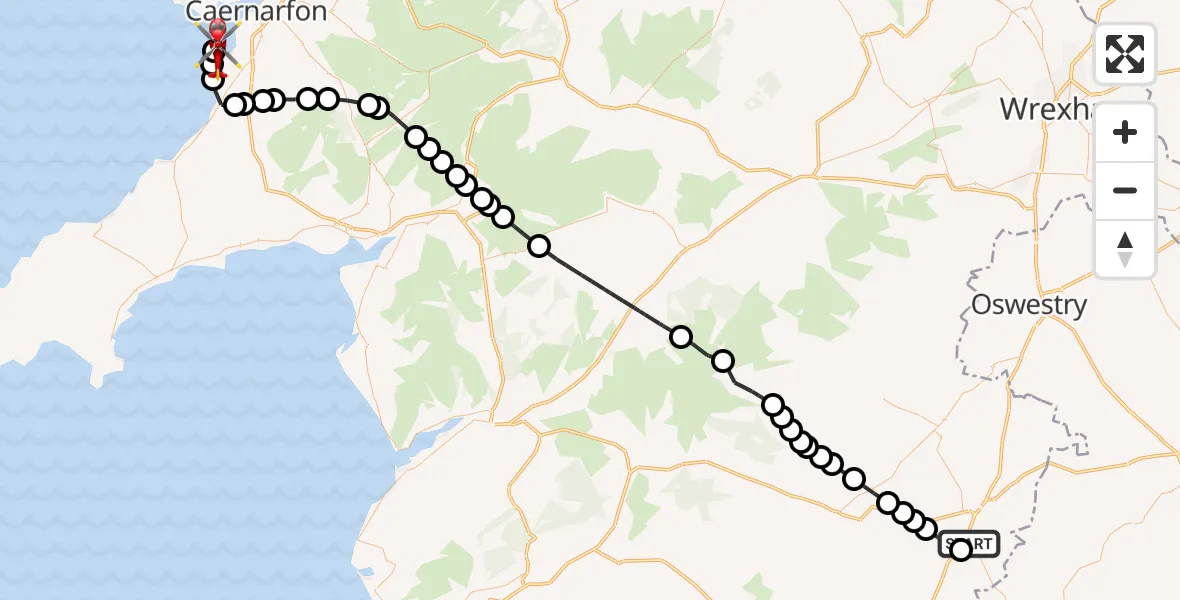 Flight route Air Ambulance Helicopter Welshpool Airport - Caernarfon Airport, 29 April 2026, 07:52