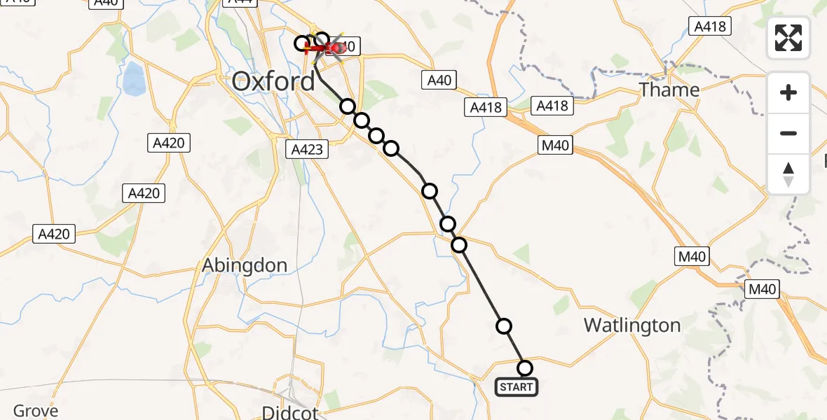 Flight path map showing Air Ambulance Helicopter route from RAF Benson to Oxford