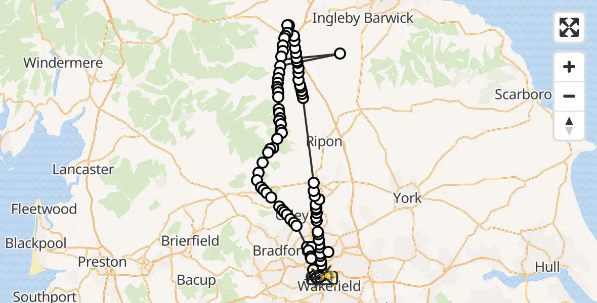 Flight path map showing Police Helicopter route from Brandy Carr to Wrenthorpe