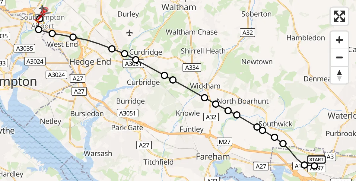 Flight route Air Ambulance Helicopter Queen Alexandra Hospital - Southampton Airport, 29 April 2026, 08:17