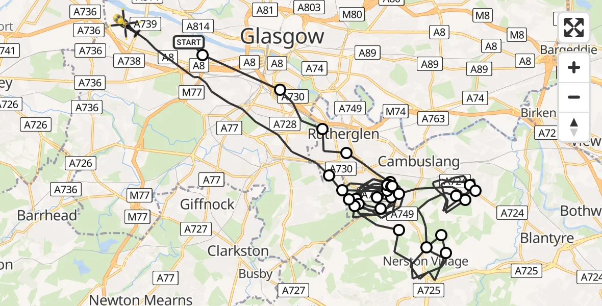 Flight path map showing Police Helicopter route from Glasgow to Glasgow