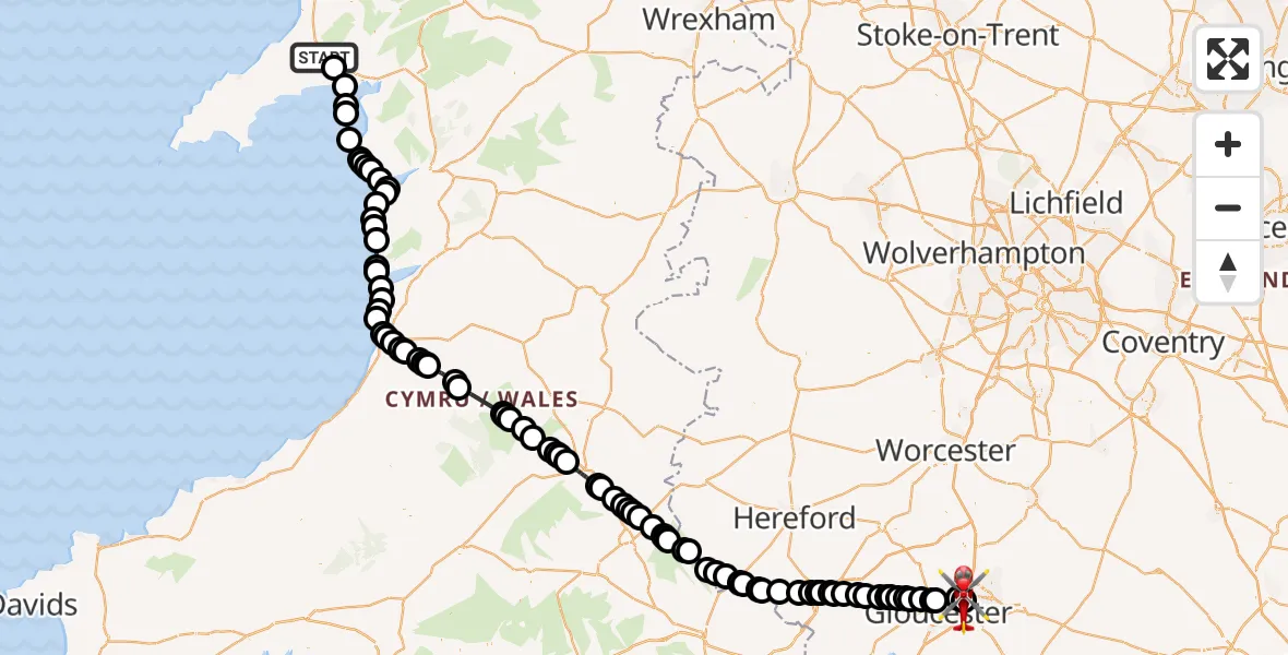 Flight path map showing Air Ambulance Helicopter route from Dolbenmaen to Tewkesbury