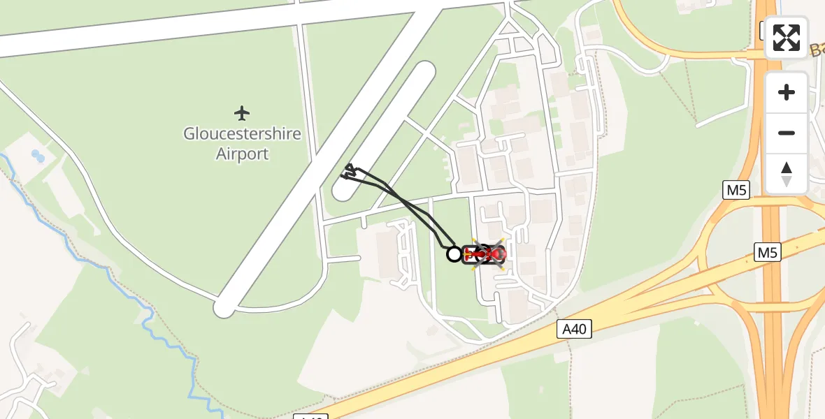 Flight path map showing Air Ambulance Helicopter route from Gloucestershire Airport to Tewkesbury