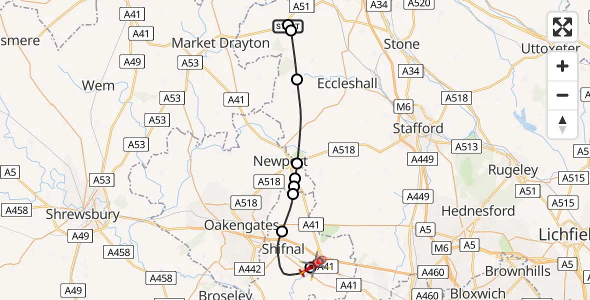 Flight path map showing Air Ambulance Helicopter route from Newcastle-under-Lyme to Cosford