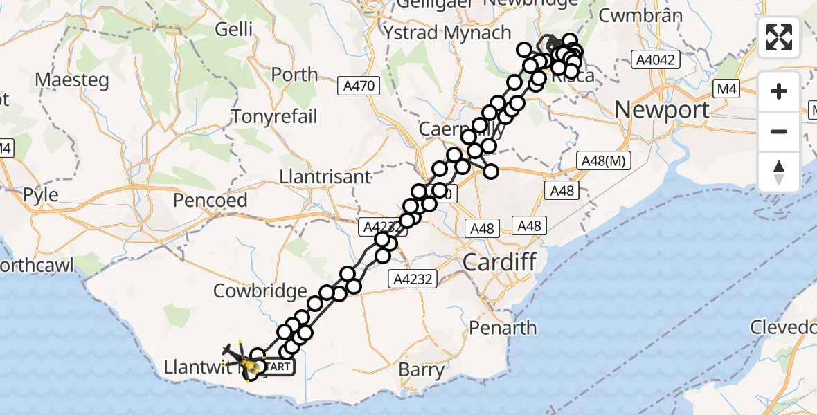 Flight path map showing Police Helicopter route from MOD St Athan to Boverton