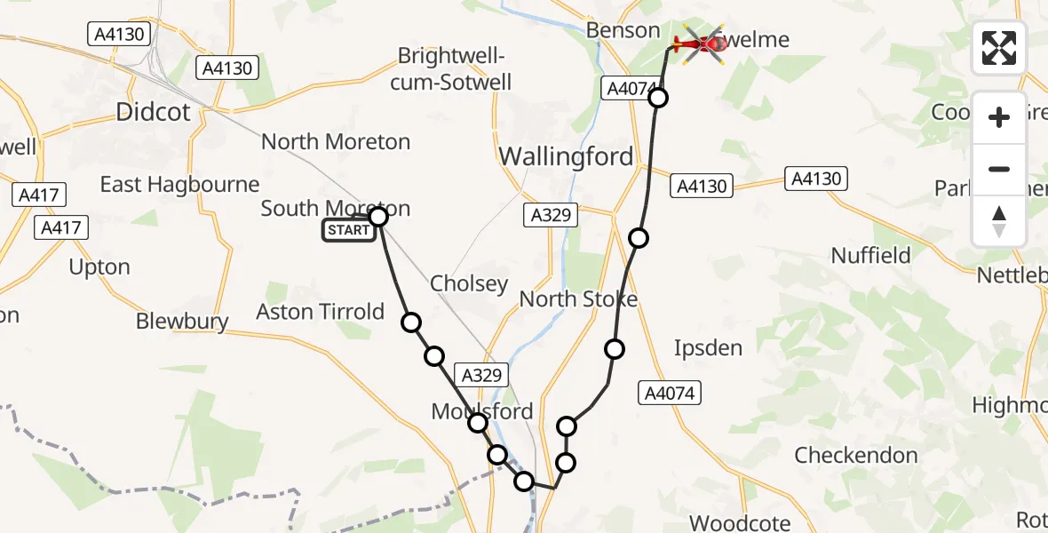 Flight route Air Ambulance Helicopter South Moreton - RAF Benson, 29 April 2026, 08:47