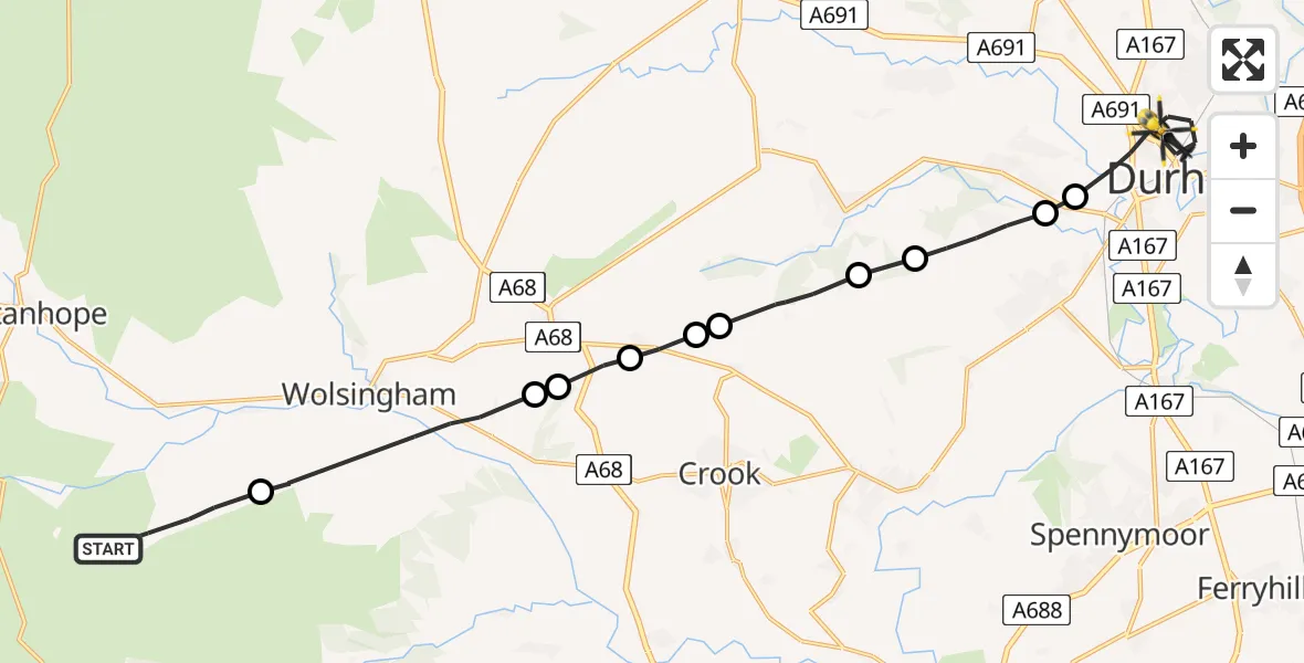 Flight route Police Helicopter Stanhope - Durham, 29 April 2026, 08:52
