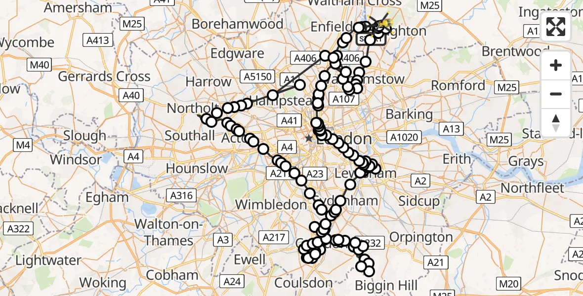 Flight path map showing Police Helicopter route from Chingford to Metropolitan Police Air Support Unit Lippitts Hill