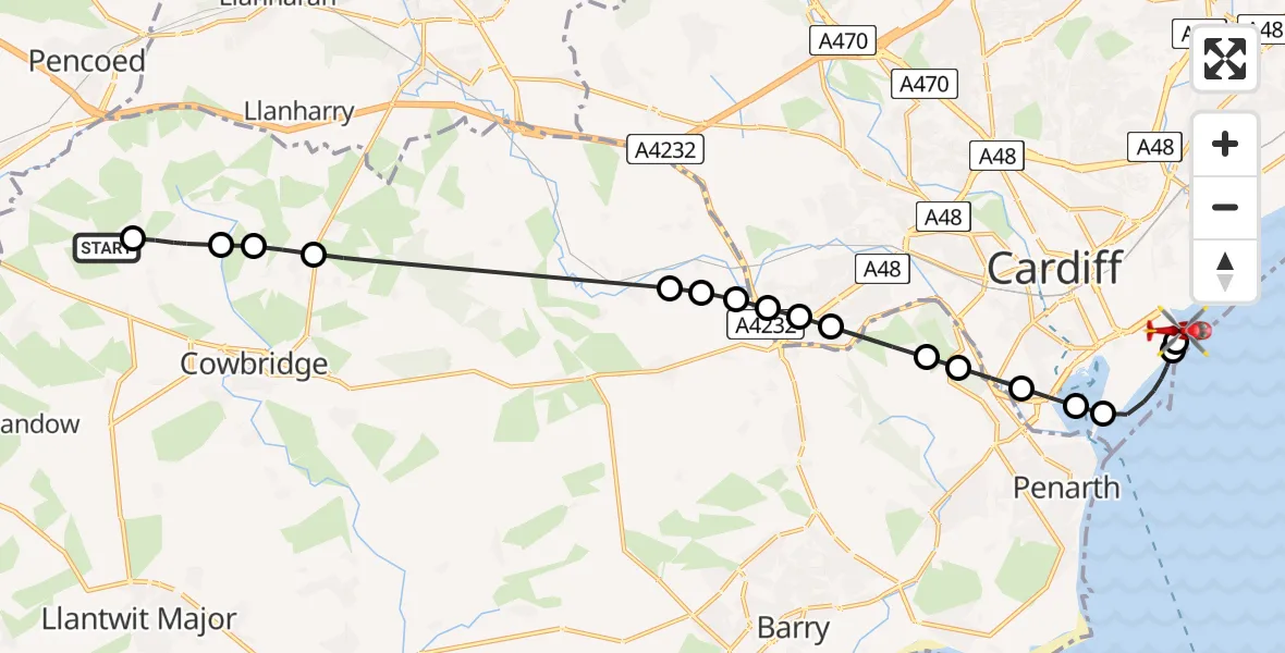 Flight route Air Ambulance Helicopter Llangan - Cardiff Heliport, 29 April 2026, 09:01