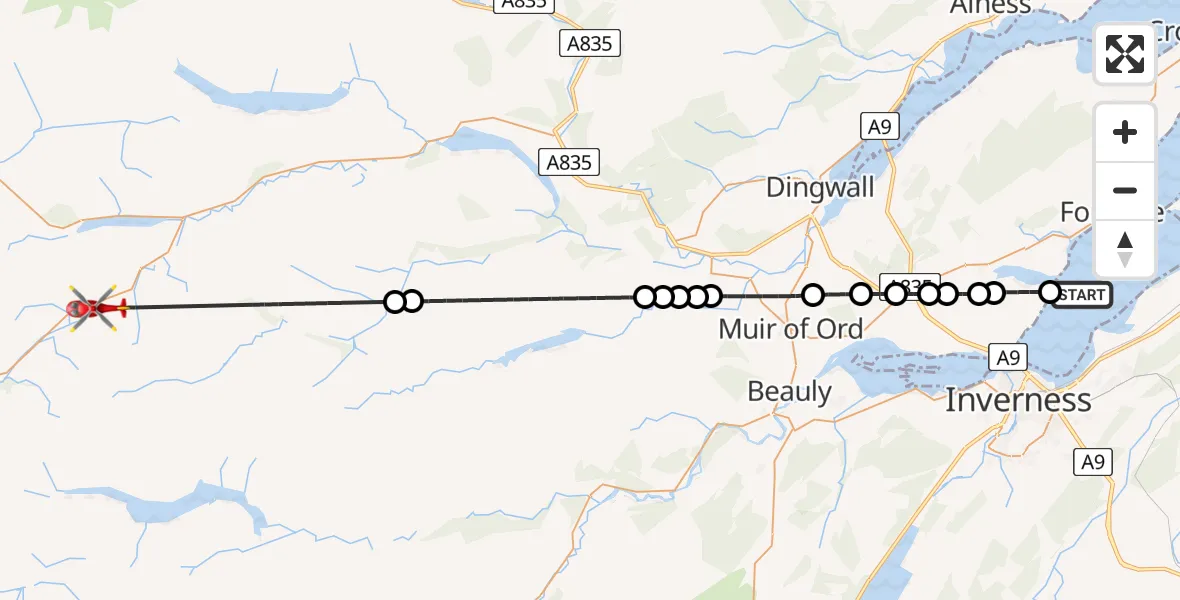 Flight path map showing Air Ambulance Helicopter route from Avoch to Highland