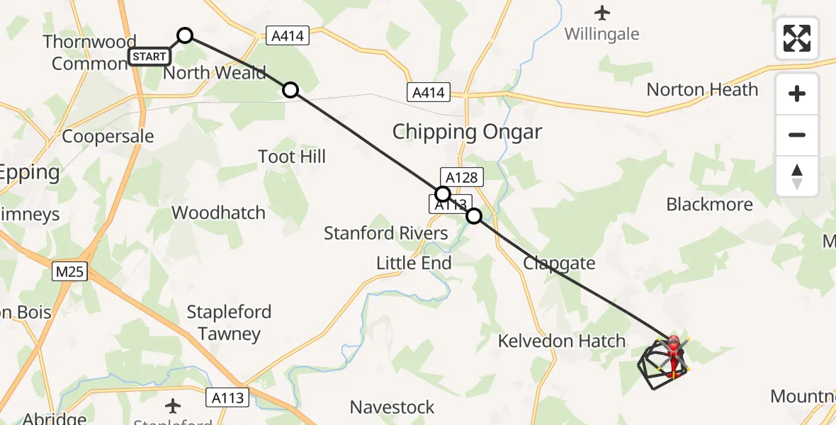 Flight path map showing Air Ambulance Helicopter route from North Weald Airfield to Brentwood
