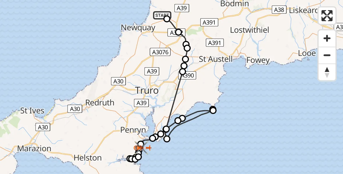 Flight route Coastguard Helicopter Cornwall Airport Newquay - English Channel, 29 April 2026, 09:46