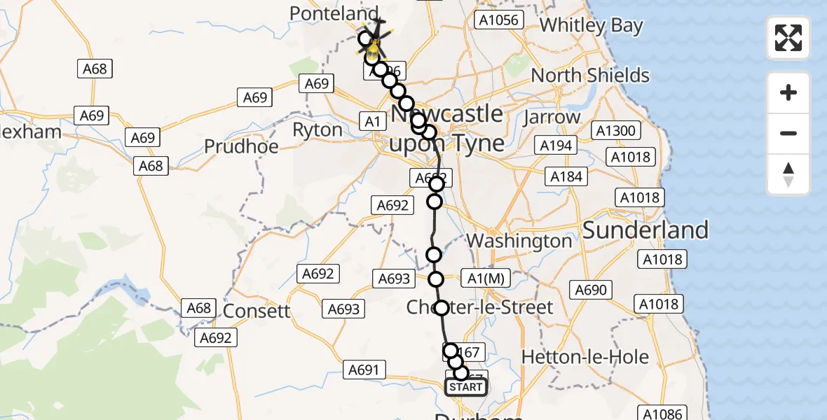 Flight route Police Helicopter Pity Me - Newcastle International Airport, 29 April 2026, 09:53