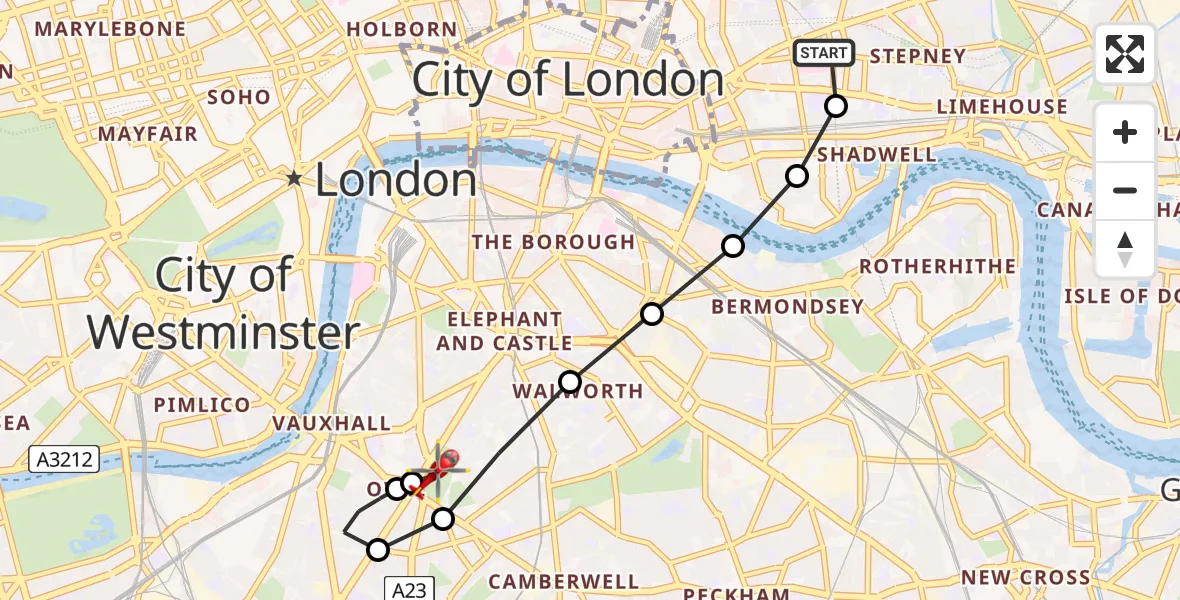 Flight route Air Ambulance Helicopter Royal London Hospital - Kennington, 29 April 2026, 10:01